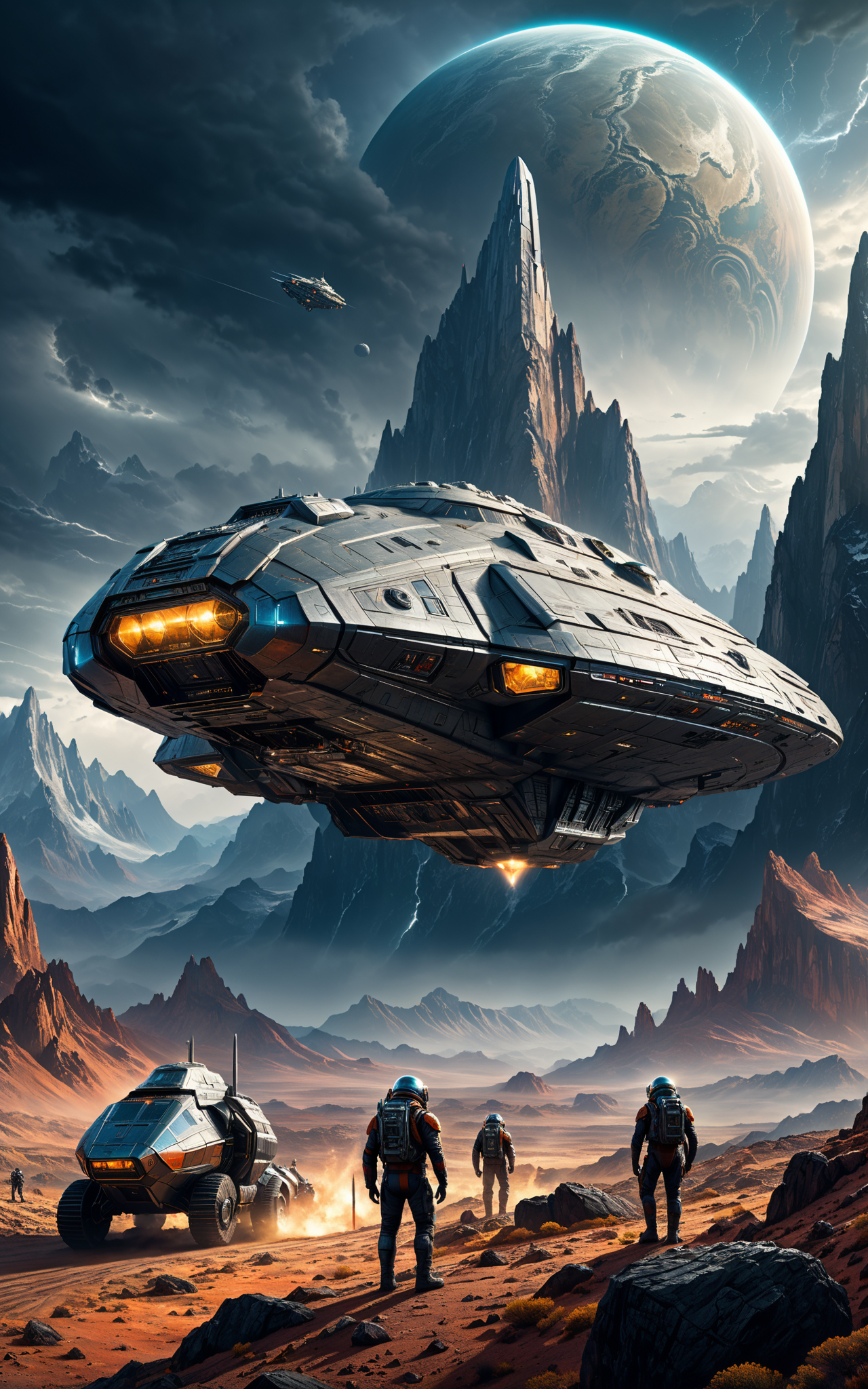 03323-725072171-spaceship and its crew on an unknown planet, mountains and rocks in the background, stormy sky, Science Fiction artwork, complex.png